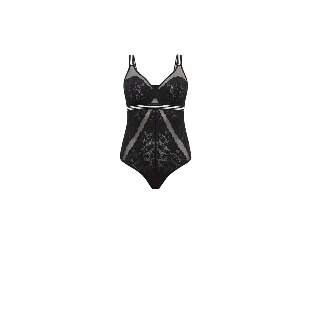 NEW Torrid Black Lace Mesh Bodysuit X1 V-Neck Striped Nylon/Spandex Lingerie - Picture 1 of 10